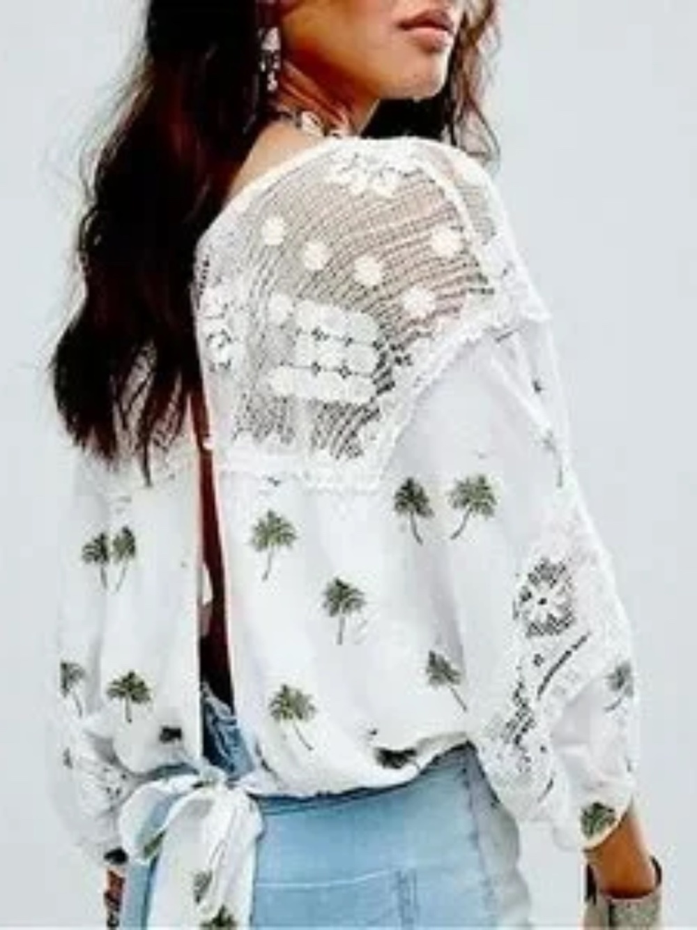 Free People Palms Print ‘Carolina Mindset’ Lace & Linen Cotton Blouse S